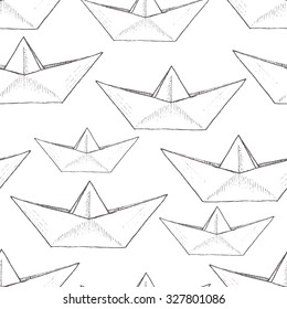 vector pattern with white background paper boat, child drawing, sketch, black and white wallpaper