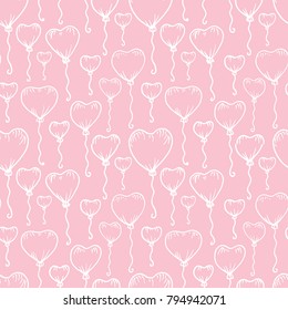 Vector pattern with white balloons on pink. Happy St.Valentine's Day. Good for Valentines Day, wedding invitation and other. Seamless pattern with flying pink and blue balloons in the shape of a heart