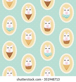Vector pattern with white bunny with heart, ice cream, cake and polka dots bows in laced frames. Abstract flat vintage design.