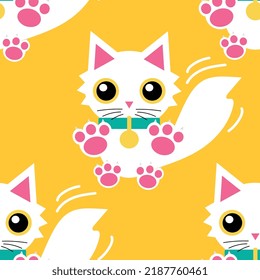 Vector pattern. White cat in a collar with a fluffy tail on a yellow background. Wallpaper print fabric, curtains.