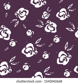 Vector pattern of white flowers and branches on a purple background. 