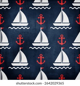 Vector pattern white navy red seamless sailboat anchor summer vacation travel yacht sailboat sailing illustration element for your design wallpaper, Background