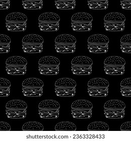 vector pattern with white outline of burger on black background. seamless black and white pattern with burger