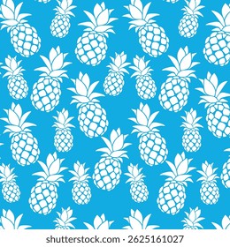 Vector pattern of white pineapples on a bright blue background.