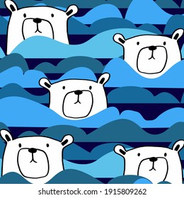 vector pattern white polar bear among ice, snow, drifts, ice and waves.Pattern for baby things