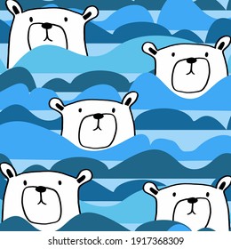 vector pattern white polar bear among ice, snow, drifts, ice and waves.Pattern for baby things