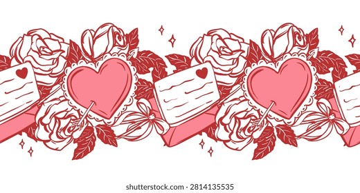 Vector pattern of white roses and a love letter. Seamless horizontal background of flowers with bow, message from a smitten admirer. Clipart for Valentine's Day. Coquette style festive romantic event