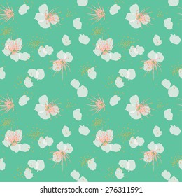 vector pattern of white, spring blossom, with falling petals, on green background