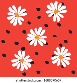 Vector pattern with white sunflowers on a yellow with black polka dots on red background.