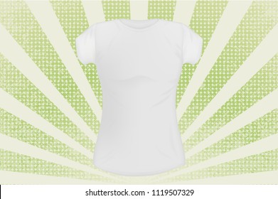vector pattern white women's t-shirt on green grunge background with rays. mocap for clothing design