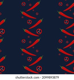 vector pattern with whole and cut red hot peppers on a dark blue background