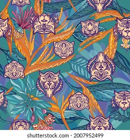 Vector pattern with wild cats and jungle plants
Seamless fashion summer tropical tiger texture