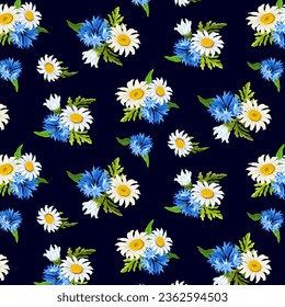 Vector pattern with wildflowers.Vector seamless pattern with cornflowers and daisies on a colored background.