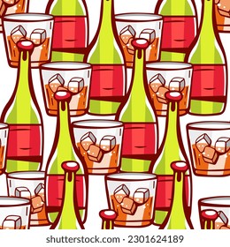 Vector pattern of wine bottles, glasses, goblets in cartoon style.