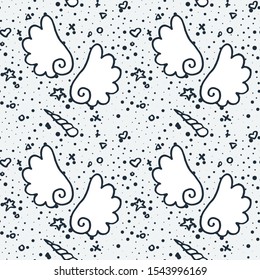 Vector pattern with wings and horns of cute unicorns, dots and stars. Magic vector seamless background