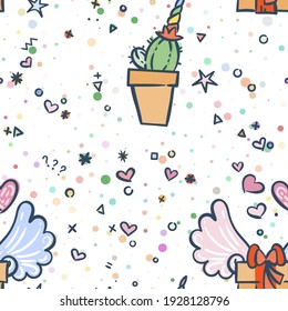 Vector pattern with wings and horns of cute unicorns, gifts and cactus, dots and stars. Magic vector seamless background