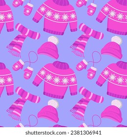 Vector pattern with winter clothes. Children's warm winter clothes for walking. Knitted hat, scarf, gloves with jacquard pattern and pom poms. Vector set of pink color.