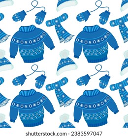 Vector pattern with winter clothes. Children's warm winter clothes for walking. Knitted hat, sweater, scarf, gloves with jacquard pattern and pompoms. Vector set of blue color.