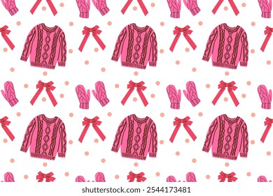 Vector pattern with winter clothes. Warm winter clothes for walking. Knitted sweater and gloves and bow pattern . Vector set of pink color .