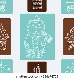 vector pattern. Winter holiday design. sketch drawing. simple graphical ornament in style of childish doodles: bear, Christmas tree, candles, snowman in a pot. white outline. Blue and chocolate color