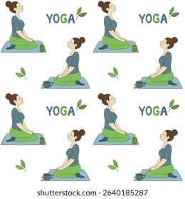 Vector pattern with women meditating on yoga mats, candles, tea cups, and leaves. Calm and cozy design for wellness, lifestyle, and relaxation projects.