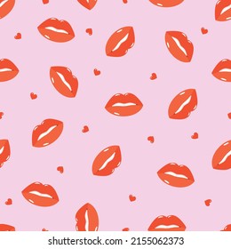 Vector pattern for the World Kiss Day on July 6. A pattern with lips and hearts on a pink background. Vector background for the design of notebooks, postcards, wallpaper, paper.