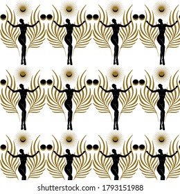 Vector pattern woth hand drawn flat abstract illustration of dancer with palm leaves, moon and sun . Template for card, poster, banner, print for t-shirt, pin, badge, patch.