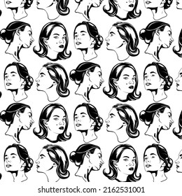Vector pattern woth hand drawn illustration of female characters. Creative abstract artwork with girls. Template for card, poster, banner, print for t-shirt, pin, badge, patch.