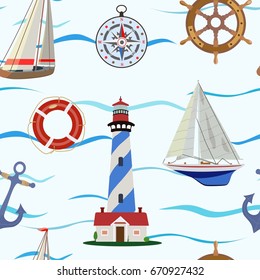 Vector pattern with yachts and a beacon, a compass, an anchor and a steering wheel on the sea or the ocean.