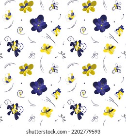 Patrón vectorial de flores amarillas y azules de formas abstractas. Pétalos con manchas, rayas, puntos. Imagen transparente.