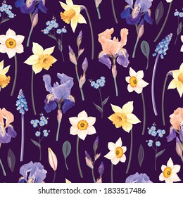 Vector pattern with yellow and blue garden flowers