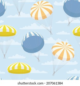 vector pattern with yellow, blue, orange parachutes and clouds