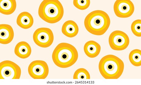Padrão de vetor com círculos amarelos de desenhos animados e formas concêntricas de olhos redondos para posters modernos e fundos adesivos em estilo funky