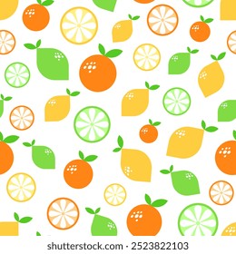 Vector pattern with yellow lemon, green lime and orange