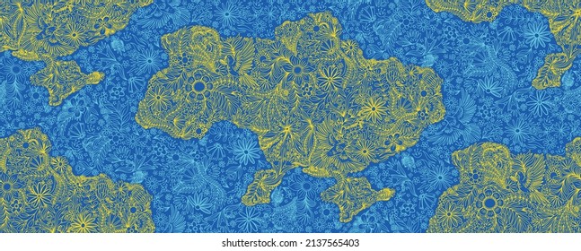 Vector pattern with the yellow map of Ukraine with flowers on blue background. Blue and yellow color theme. Ukrainian ornament with florals. Ukraine map with folk illustration. Stylized map of Ukraine