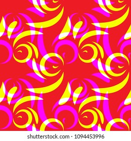 Vector pattern of yellow and purple doodles and curls in floral ornament in ethnic style on a red background. For fabric or paper.
