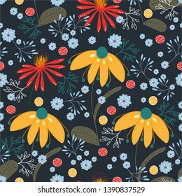 Vector pattern with yellow, red, blue, turquoise flowers and leaves.Texture, background, wallpaper.