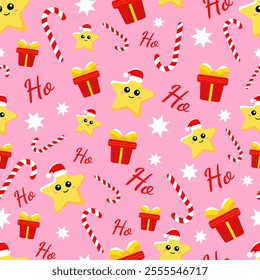 Vector pattern with a yellow star, a gift, a candy cane, the word Ho and white stars