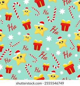 Vector pattern with yellow star, gift, candy cane, Ho and white stars on light green background