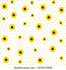 Vector pattern with yellow sunflowers on a yellow with polka dots on white background.