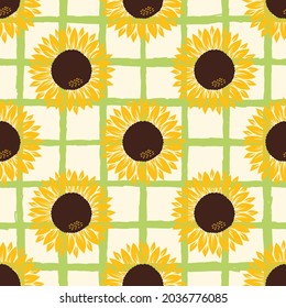 Vector pattern with yellow sunflowers on a yellow with leopard print on white background.