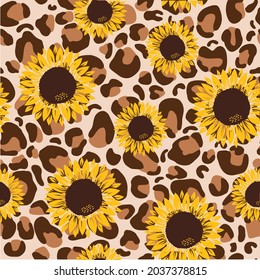 Vector pattern with yellow sunflowers on a yellow with leopard print on white background.