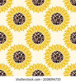 Vector pattern with yellow sunflowers on a yellow with leopard print on white background.