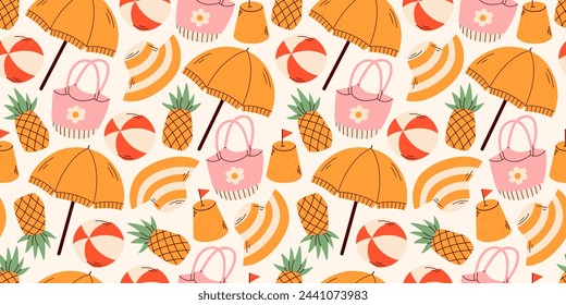 Vector patrón con paraguas amarillos, castillo de arena, bola y piña. Patrón sin costuras de verano. Diseño de impresión de moda, ilustración vectorial. Es adecuado para redes sociales, diseño de banners y web