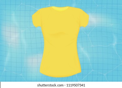 vector pattern yellow women's t-shirt on the background of blue water surface in the pool. mocap for clothing design