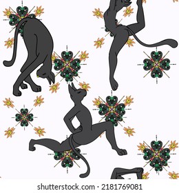 Vector pattern of yoga cats and mandala. Seamless illustration of relaxation for printing on clothes, textiles, blank for designers