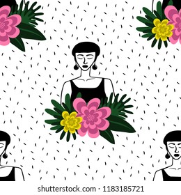 Vector pattern with young beautiful asian woman with flowers and leaves.  Seamless composition with colorful flowers.