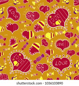 Vector pattern for your creativity. Seamless festive texture with doodle hearts and love inscription. Elements yellow, red and white colors on background.