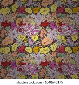 Vector pattern for your creativity. Seamless festive texture with doodle hearts and love inscription. Elements neutral, beige and black colors on background.