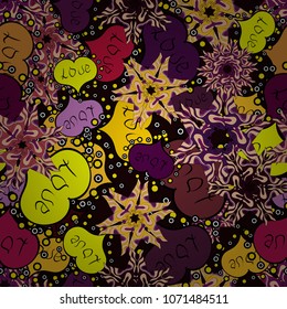 Vector pattern for your creativity. Seamless festive texture with doodle hearts and love inscription. Elements black, purple, yellow, beige and brown colors on background.
